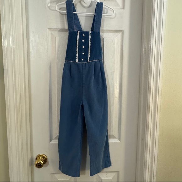Vintage Baby Girl Light Blue Corduroy with Velour and Lace Romper - Picture 1 of 7